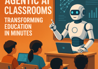 Illustration of a robot teaching in a classroom labeled "Agentic AI Classrooms Transforming Education in Minutes."