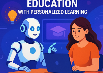 A digital classroom scene showing diverse students interacting with AI interfaces, personalized by agentic AI.