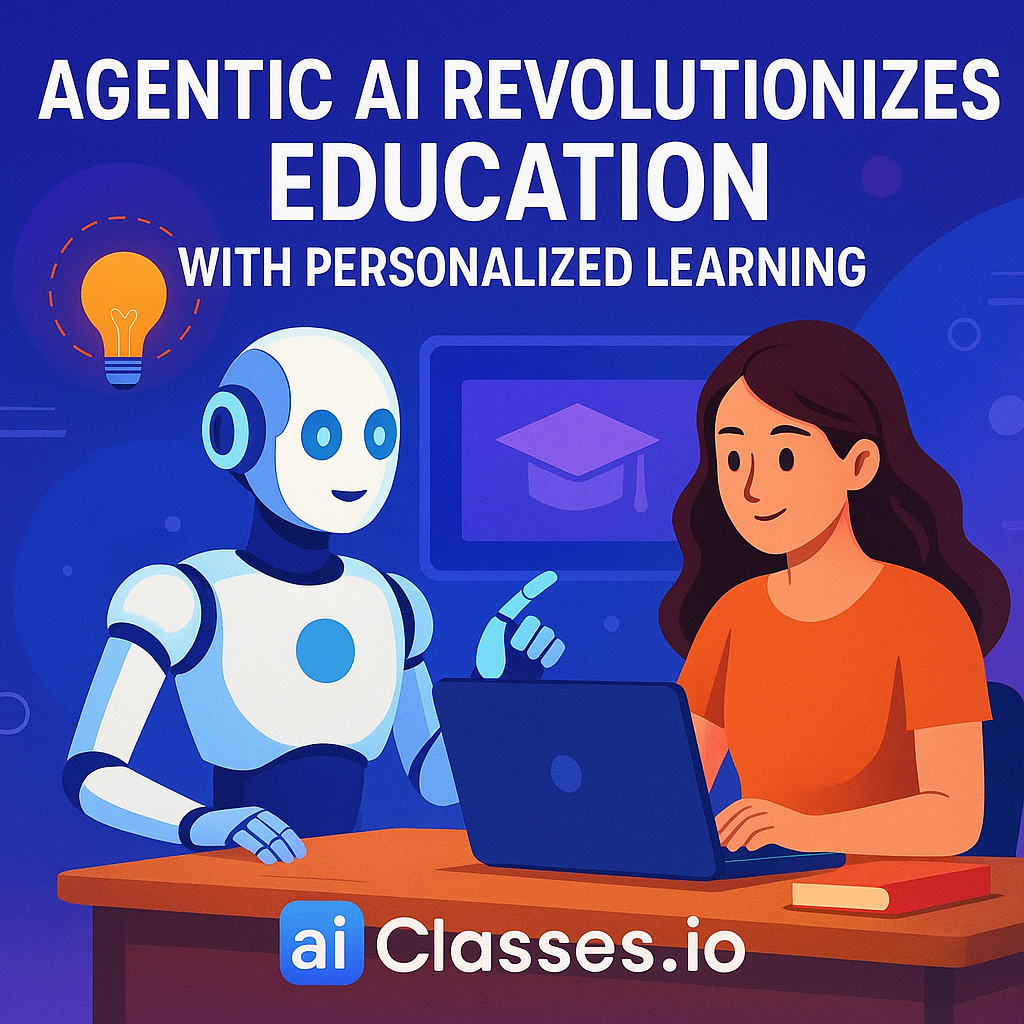A digital classroom scene showing diverse students interacting with AI interfaces, personalized by agentic AI.