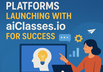 Illustration of a diverse group of students using laptops and tablets on aiClasses.io platform for learning.