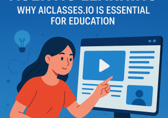Illustration of a woman using a computer for online learning with the label "Agentic Learning: Why aiClasses.io is Essential