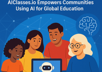Diverse group of students using laptops in a classroom with "aiClasses.io" visible on screens.