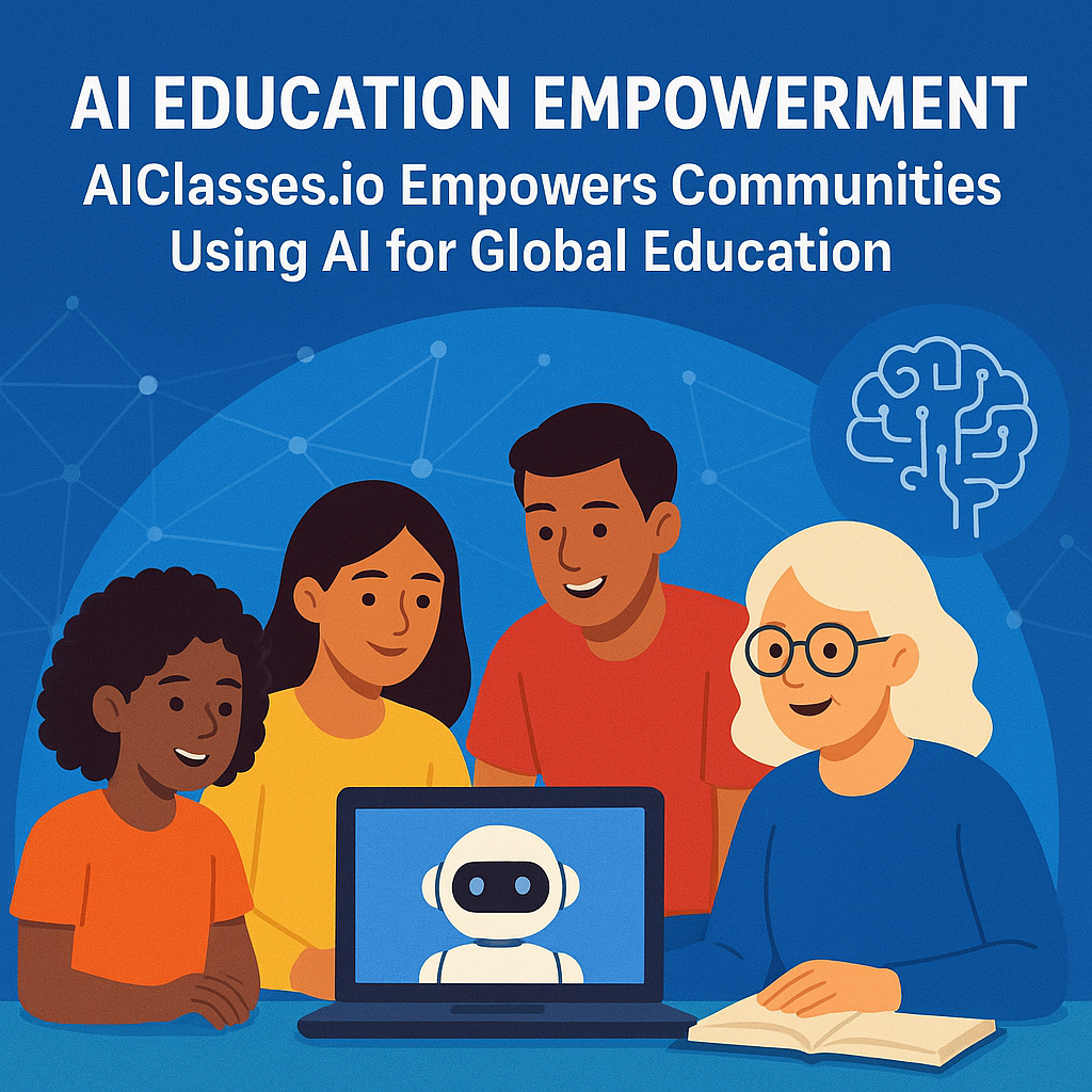 Diverse group of students using laptops in a classroom with "aiClasses.io" visible on screens.