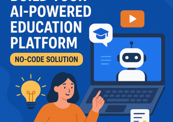 Graphic of a person using a computer to design an AI-powered education platform, with coding icons floating around.