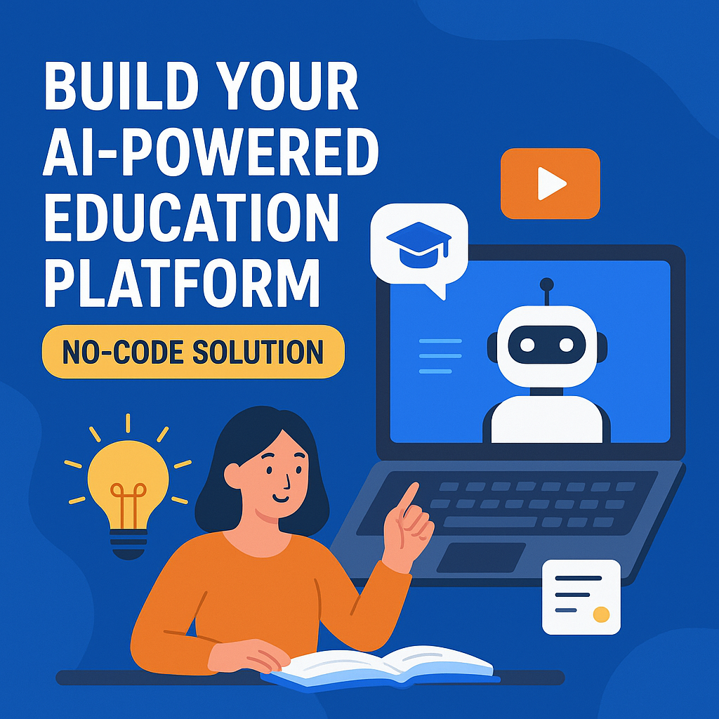 Graphic of a person using a computer to design an AI-powered education platform, with coding icons floating around.