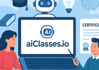 Screenshot of the aiClasses.io platform showing AI interactive lessons for education.