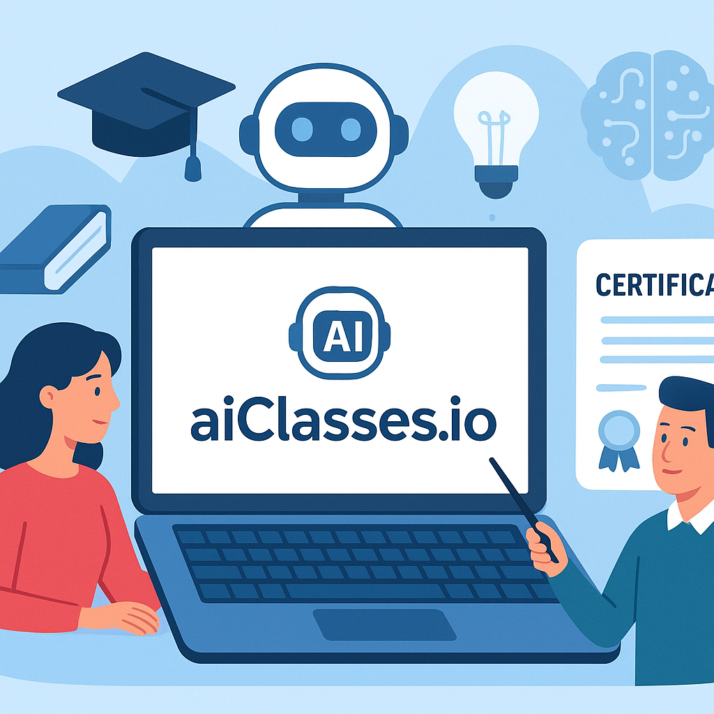 Screenshot of the aiClasses.io platform showing AI interactive lessons for education.