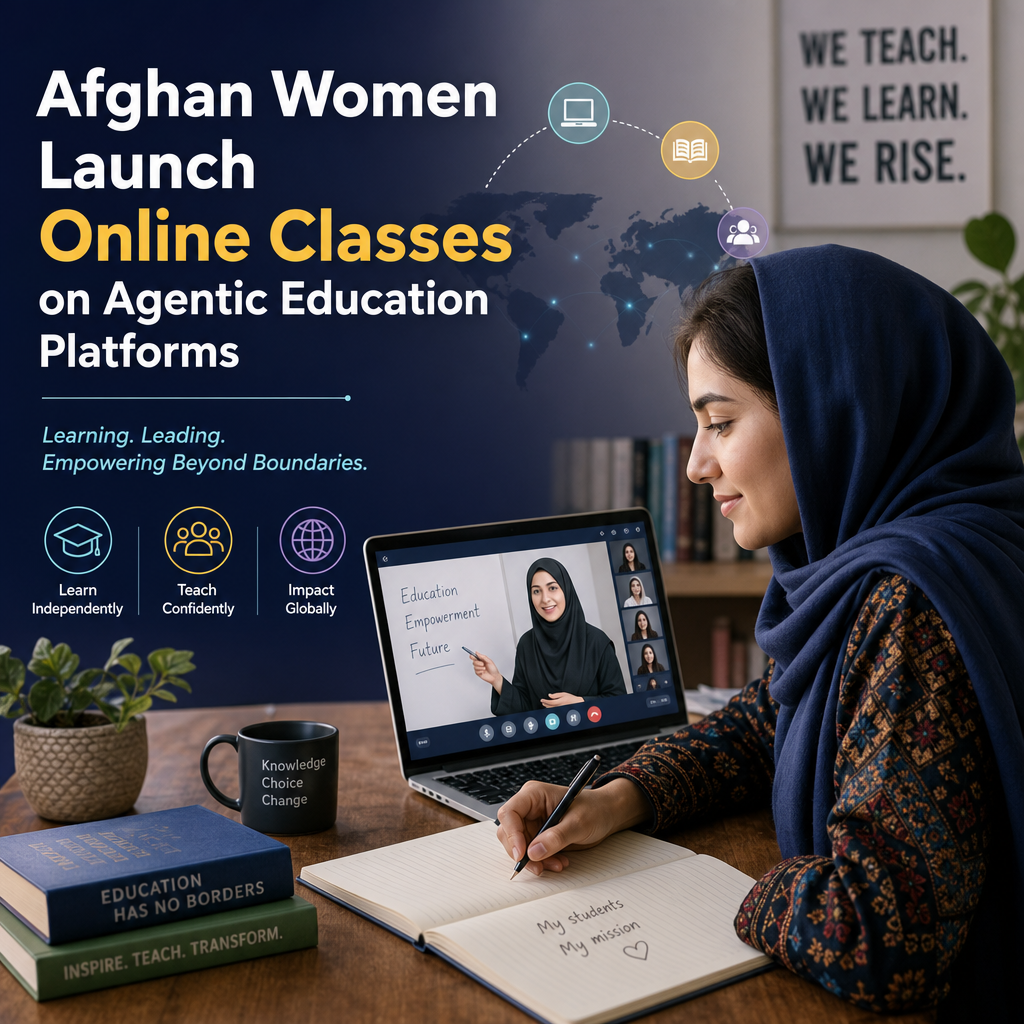 Afghan women attend online classes on laptops, using digital platforms to teach and learn.