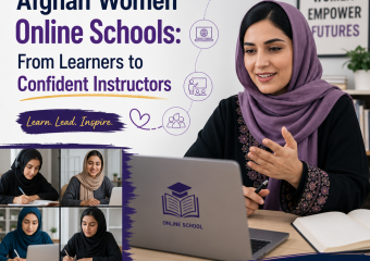 Afghan women teaching and learning in an online school, using laptops to (Incomplete: max_output_tokens)