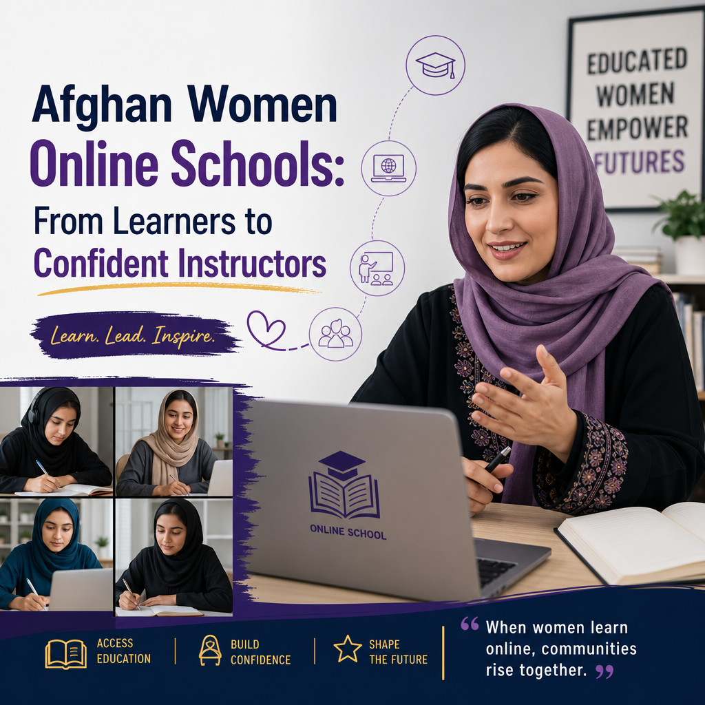 Afghan women teaching and learning in an online school, using laptops to (Incomplete: max_output_tokens)
