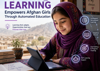 Afghan girls using AI-powered adaptive learning tools for flexible education and a brighter future