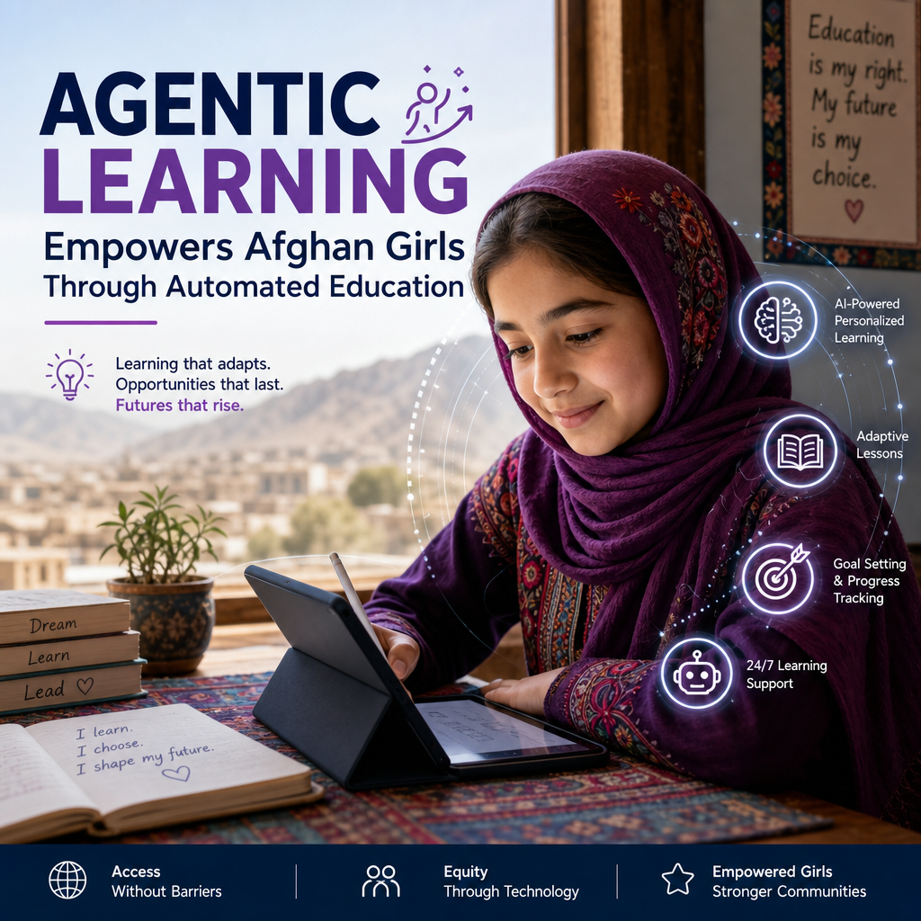 Afghan girls using AI-powered adaptive learning tools for flexible education and a brighter future