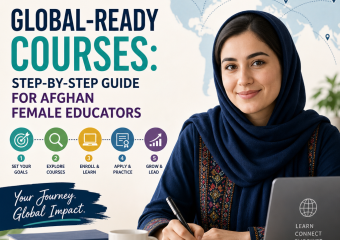 Afghan female educator learning from a step-by-step guide to global-ready courses