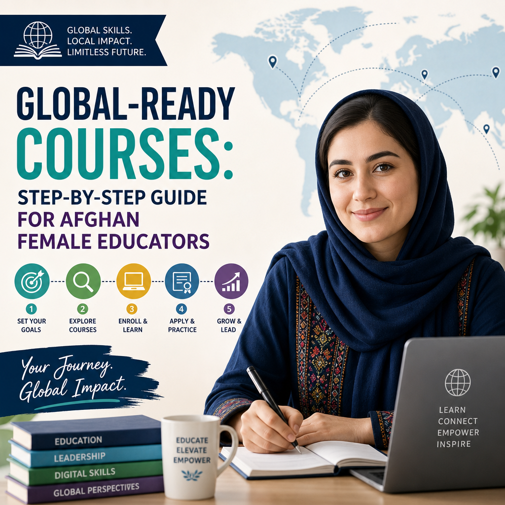 Afghan female educator learning from a step-by-step guide to global-ready courses