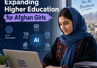 Afghan girl using AI on a device for personalized higher education learning