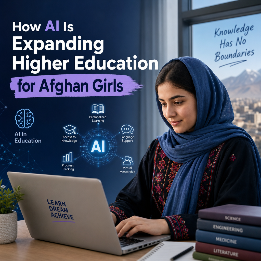Afghan girl using AI on a device for personalized higher education learning