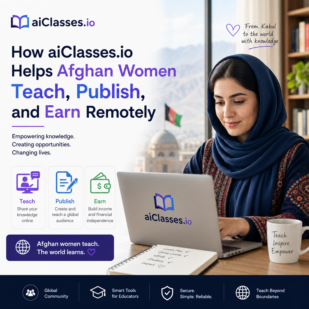 Afghan woman using aiClasses.io to teach online, publish courses, and earn money (Incomplete: max_output_tokens)