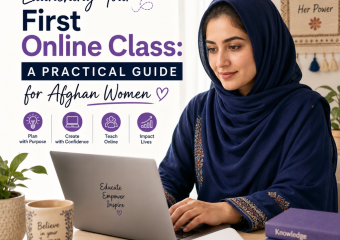 Afghan woman using a laptop to plan her first online class with a practical guide nearby