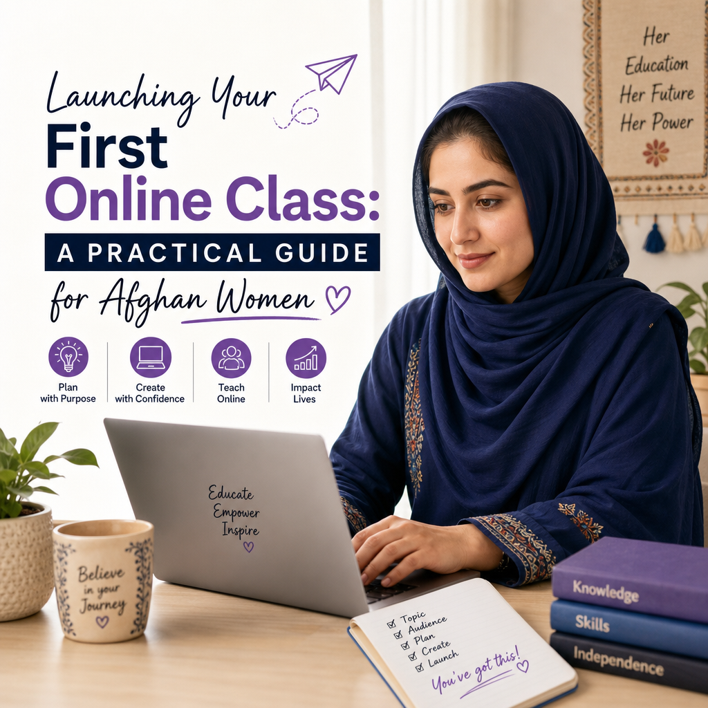 Afghan woman using a laptop to plan her first online class with a practical guide nearby